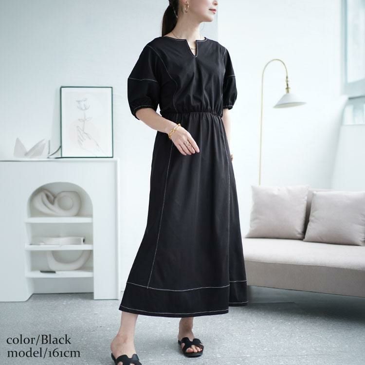 大きいサイズ レディース 配色ステッチキーネックギャザーワンピース　maru-30009 ブラック