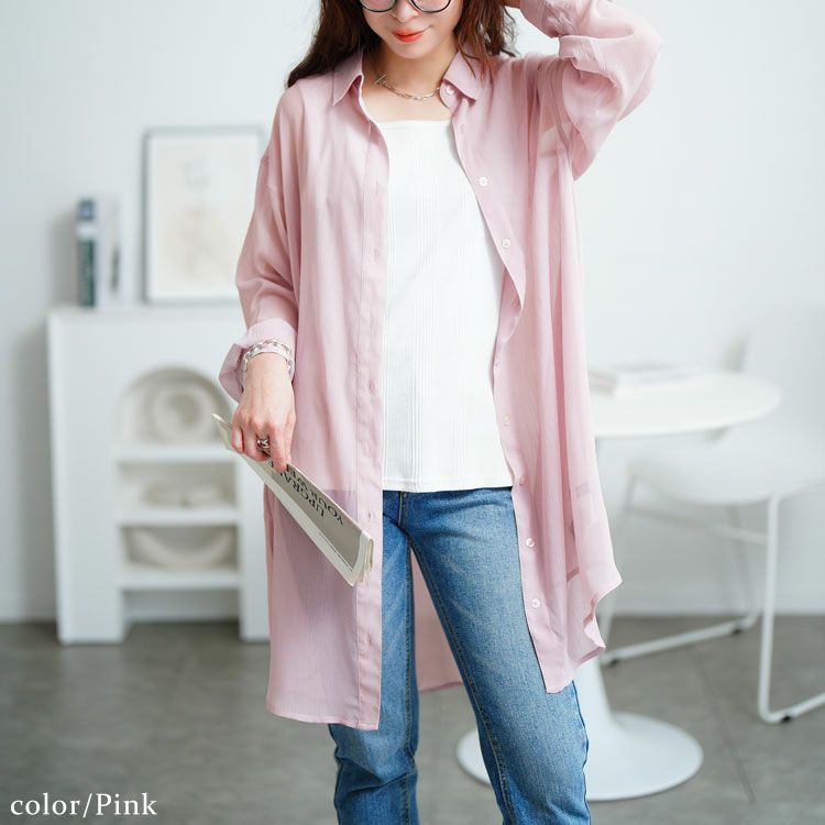 大きいサイズ レディース ワッシャーシアーロングシャツ　maru-6728