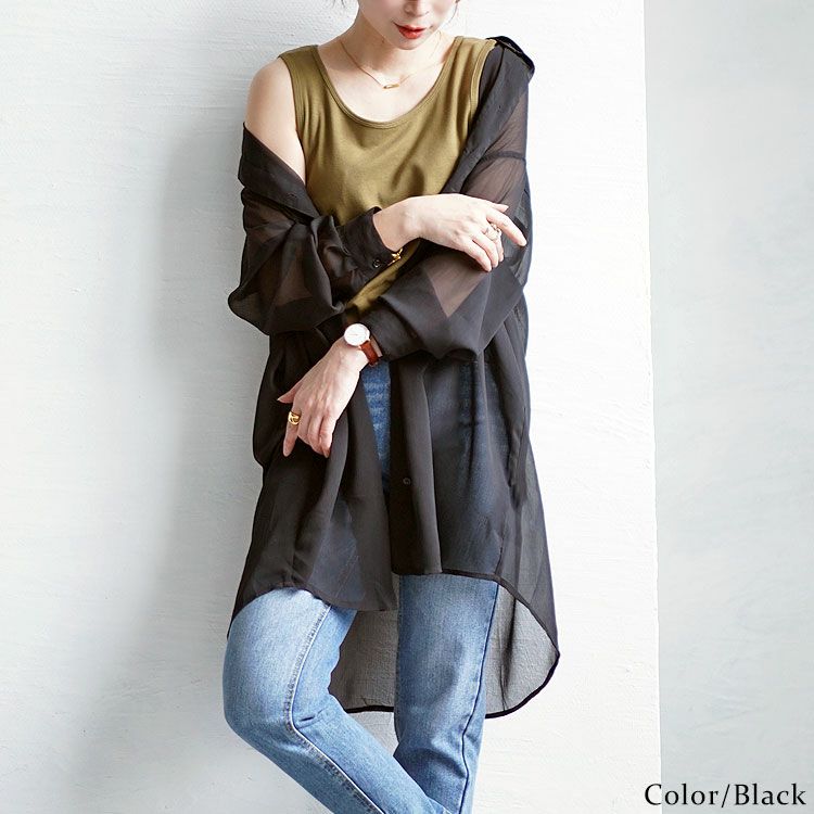 大きいサイズ レディース ワッシャーシアーロングシャツ maru-6728