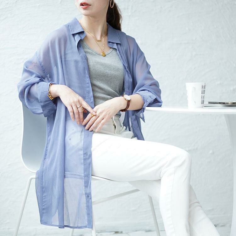 大きいサイズ レディース ワッシャーシアーロングシャツ　maru-6728 ブルー