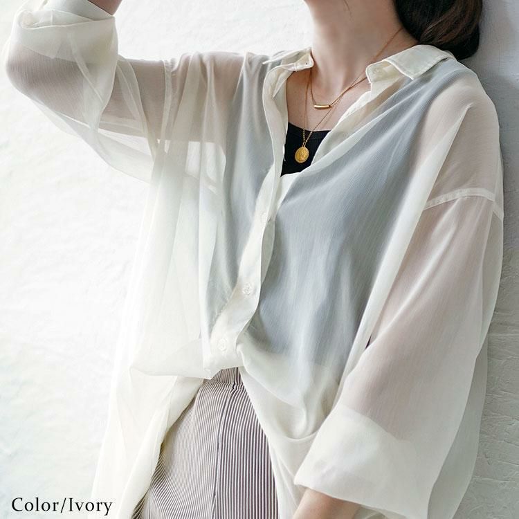 大きいサイズ レディース ワッシャーシアーロングシャツ　maru-6728 アイボリー