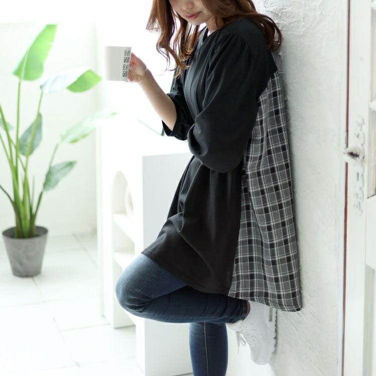 大きいサイズ レディース バックチェック柄切り替えチュニック　cast-5542034