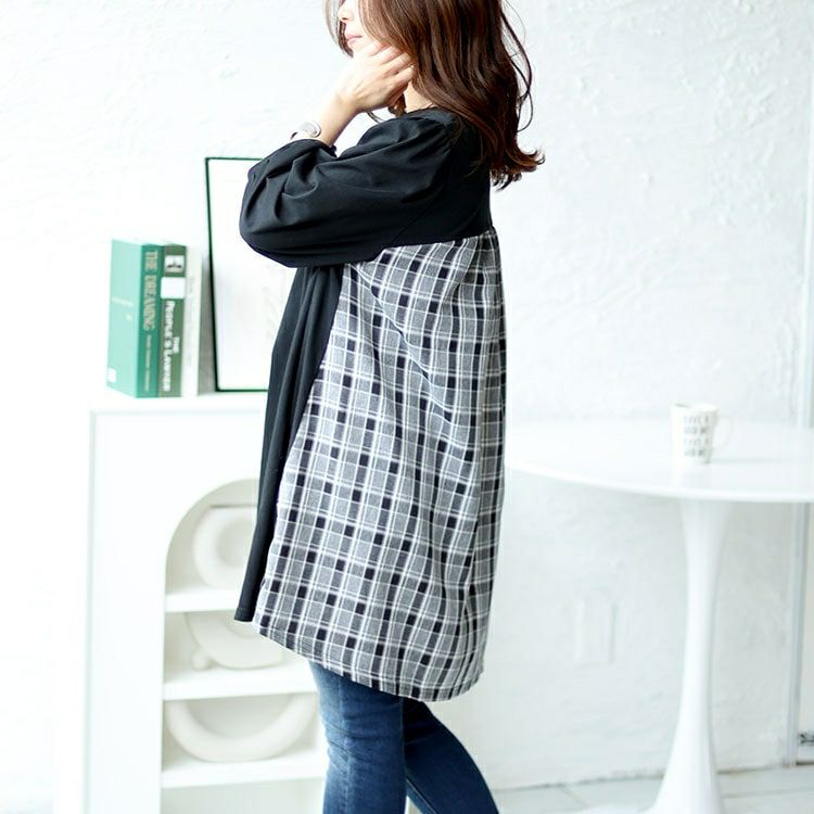 大きいサイズ レディース バックチェック柄切り替えチュニック　cast-5542034