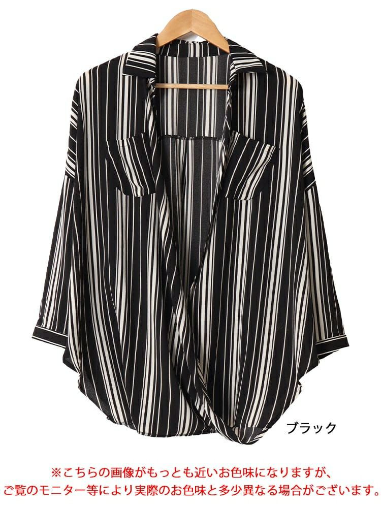 大きいサイズ レディース ランダムストライプカシュクールシャツ　gold936 【メール便可】