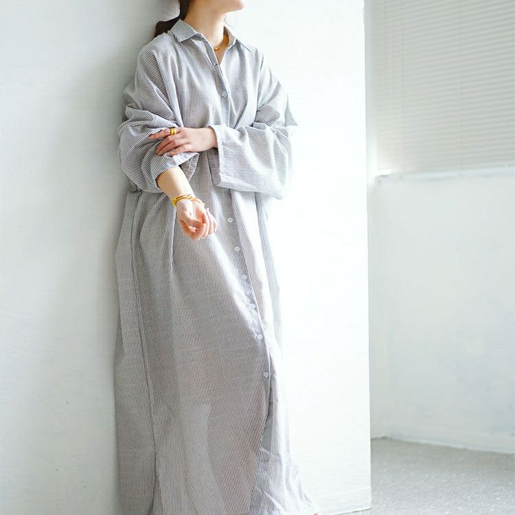 大きいサイズ レディース ストライプ柄ロングシャツワンピース　goldy-1456