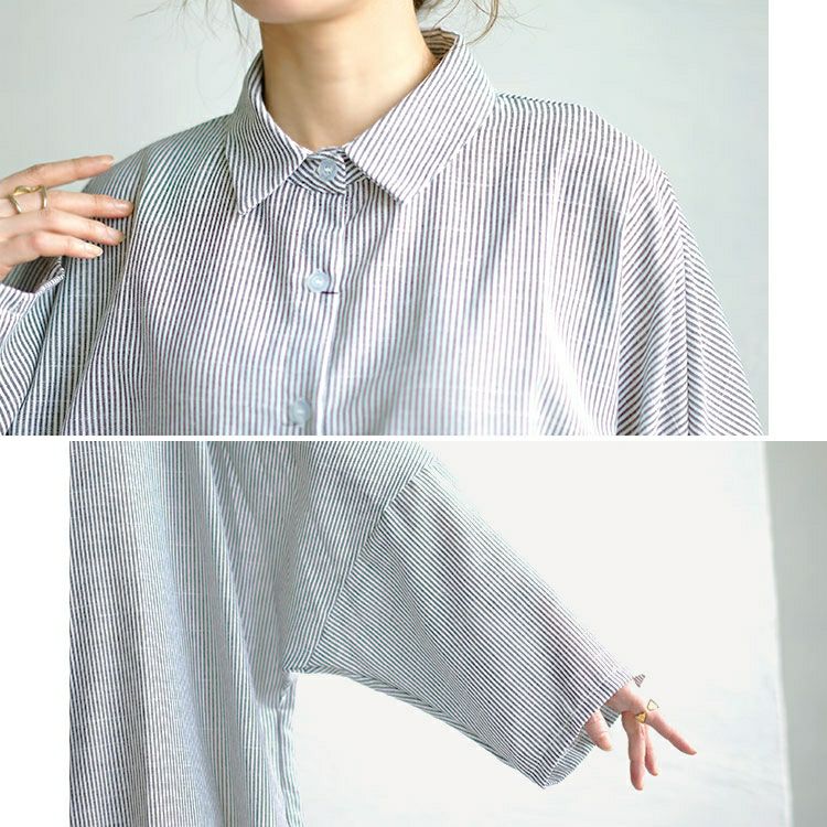 大きいサイズ レディース ストライプ柄ロングシャツワンピース　goldy-1456