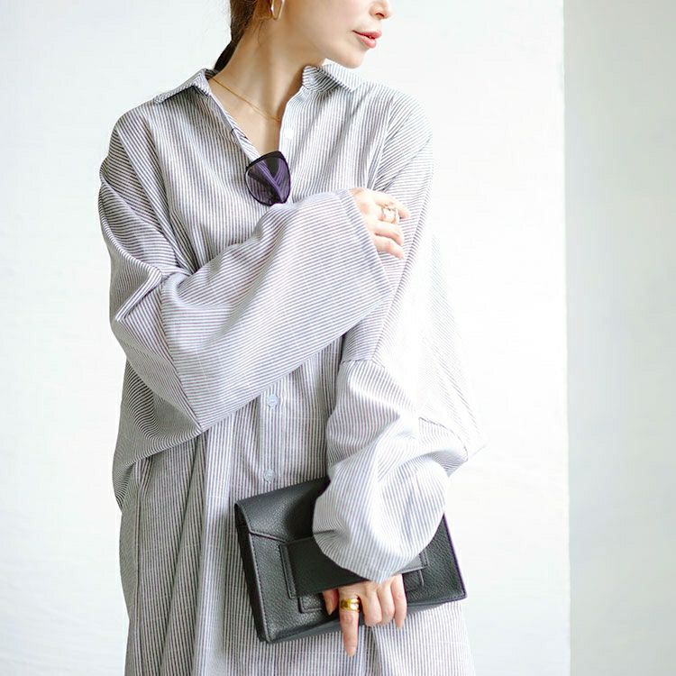 大きいサイズ レディース ストライプ柄ロングシャツワンピース　goldy-1456