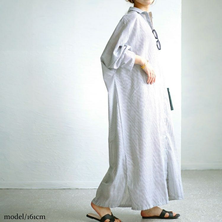 大きいサイズ レディース ストライプ柄ロングシャツワンピース　goldy-1456