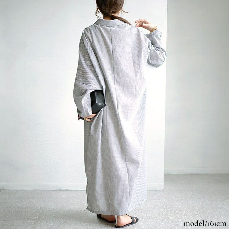 大きいサイズ レディース ストライプ柄ロングシャツワンピース　goldy-1456