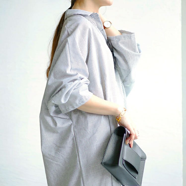 大きいサイズ レディース ストライプ柄ロングシャツワンピース　goldy-1456