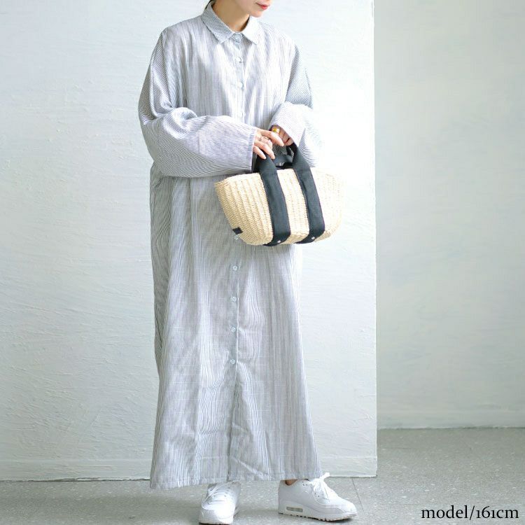 大きいサイズ レディース ストライプ柄ロングシャツワンピース　goldy-1456