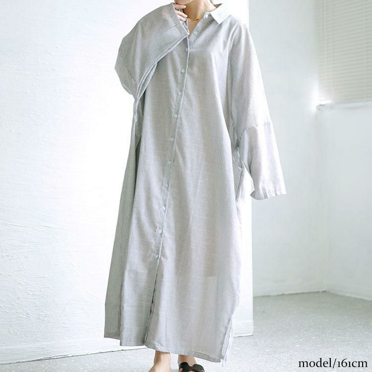 大きいサイズ レディース ストライプ柄ロングシャツワンピース　goldy-1456 ブラック