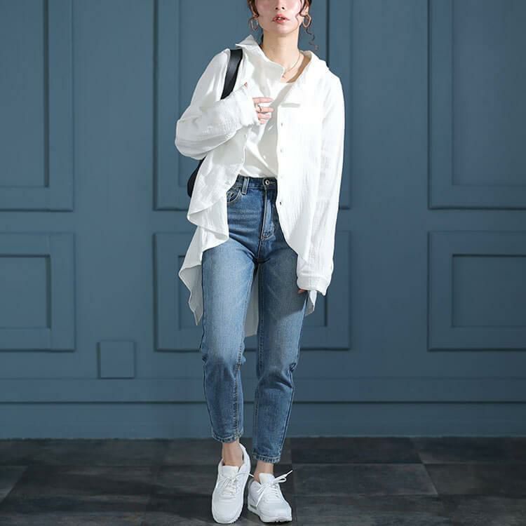 大きいサイズ レディース 楊柳コットンガーゼ変形シャツ　sw-0632 ホワイト