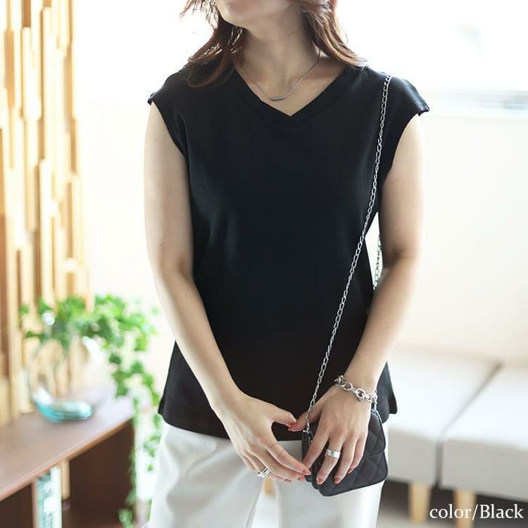 大きいサイズ レディース フレンチスリーブVネックリブトップス　wk-0429 【メール便可】 ブラック