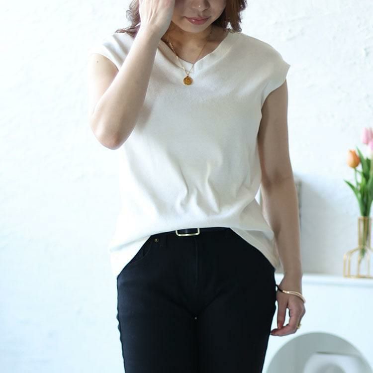 大きいサイズ レディース フレンチスリーブVネックリブトップス　wk-0429 【メール便可】 オフホワイト