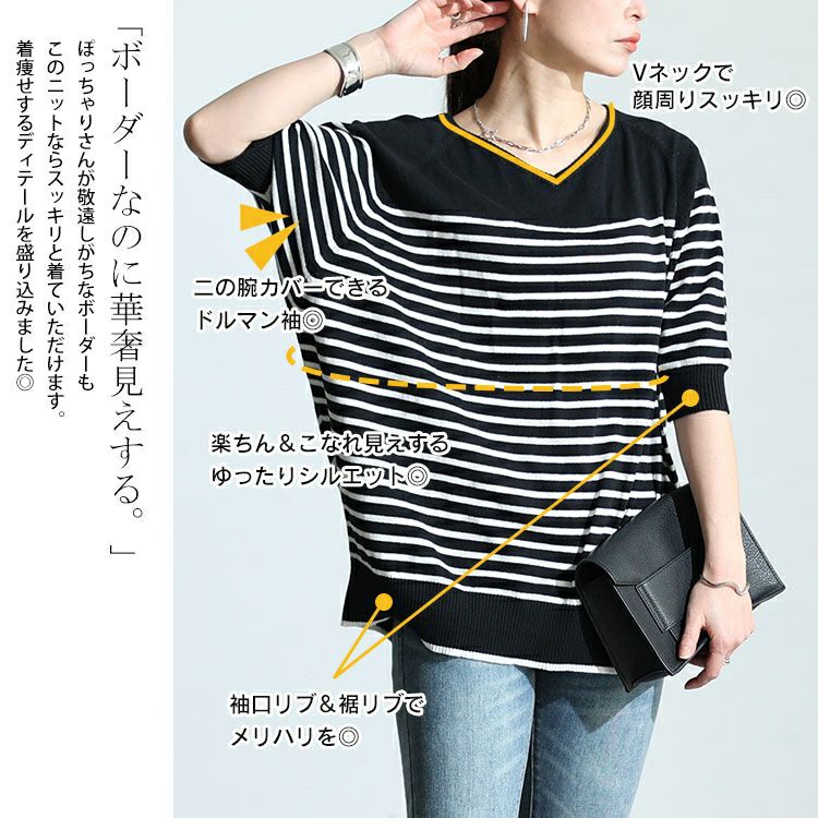 大きいサイズ レディース パネルボーダードルマンニット　wn-0212 【メール便可】