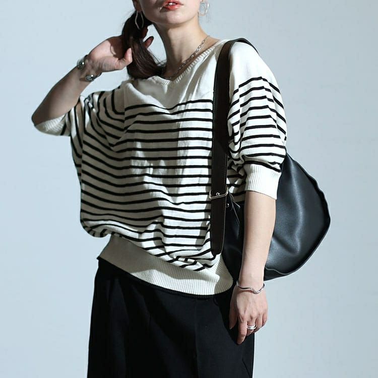 大きいサイズ レディース パネルボーダードルマンニット　wn-0212 【メール便可】