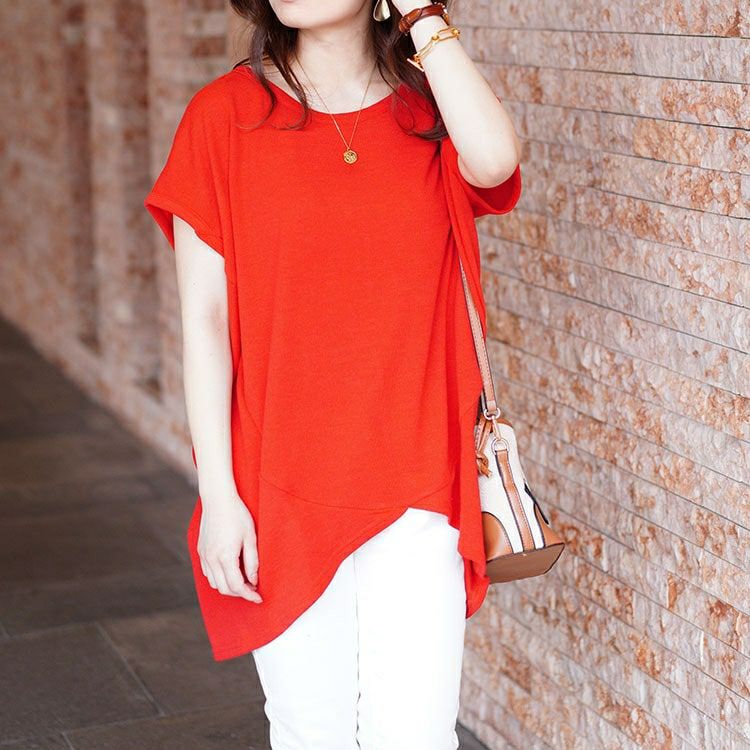 大きいサイズ レディース フレンチスリーブアシメドルマンニット　sfe-0005