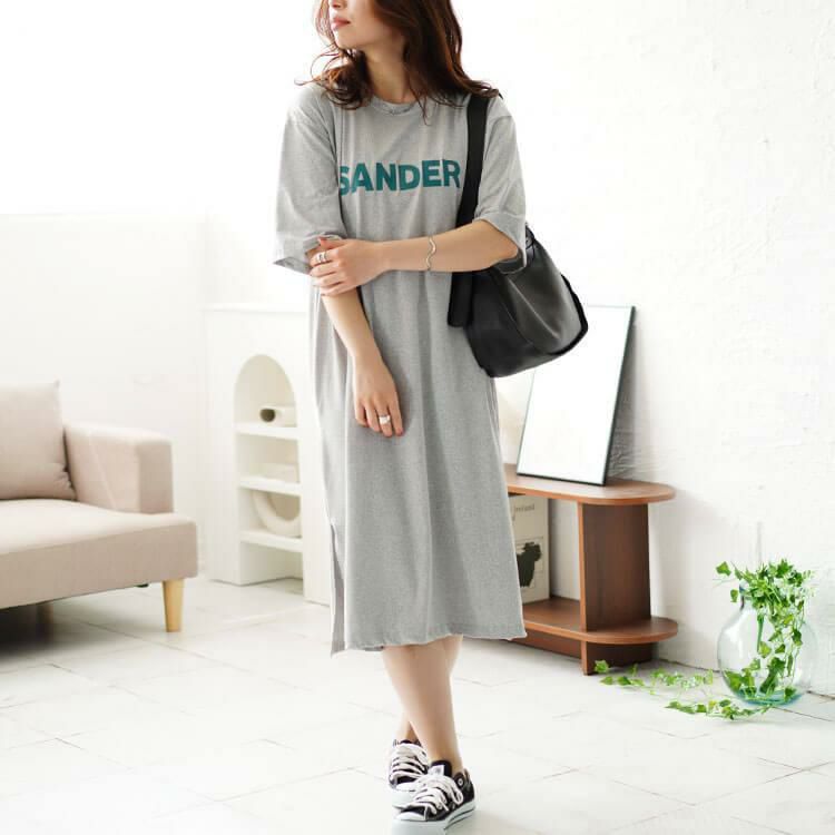 大きいサイズ レディース サイドスリット入りロゴカットソーワンピース　goldy-1469 【メール便可】 グレー