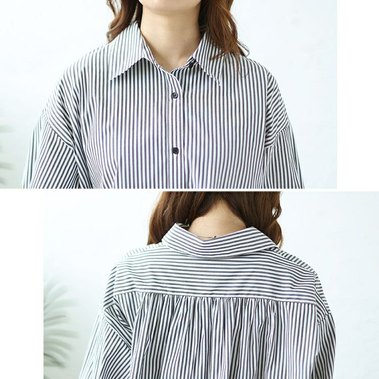 大きいサイズ レディース ボリュームスリーブストライプシャツ　fem-476