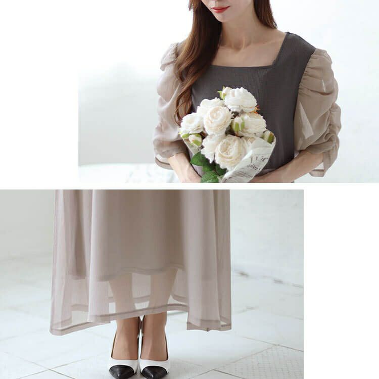 大きいサイズ レディース 異素材ドッキングシフォンパワショルワンピース　maru-30012