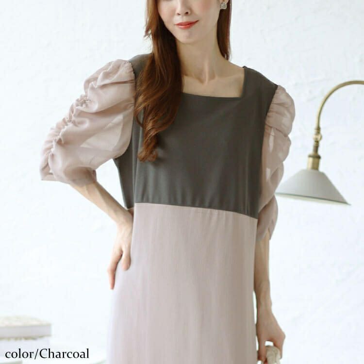 大きいサイズ レディース 異素材ドッキングシフォンパワショルワンピース　maru-30012