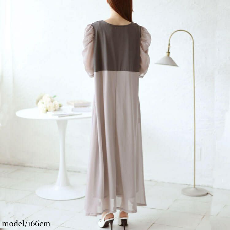 大きいサイズ レディース 異素材ドッキングシフォンパワショルワンピース　maru-30012