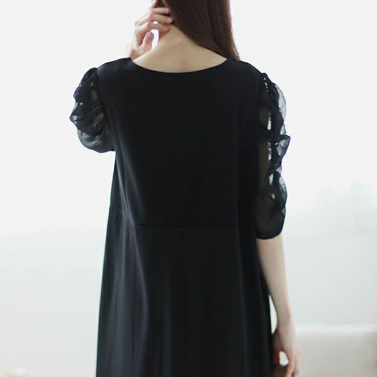 大きいサイズ レディース 異素材ドッキングシフォンパワショルワンピース　maru-30012