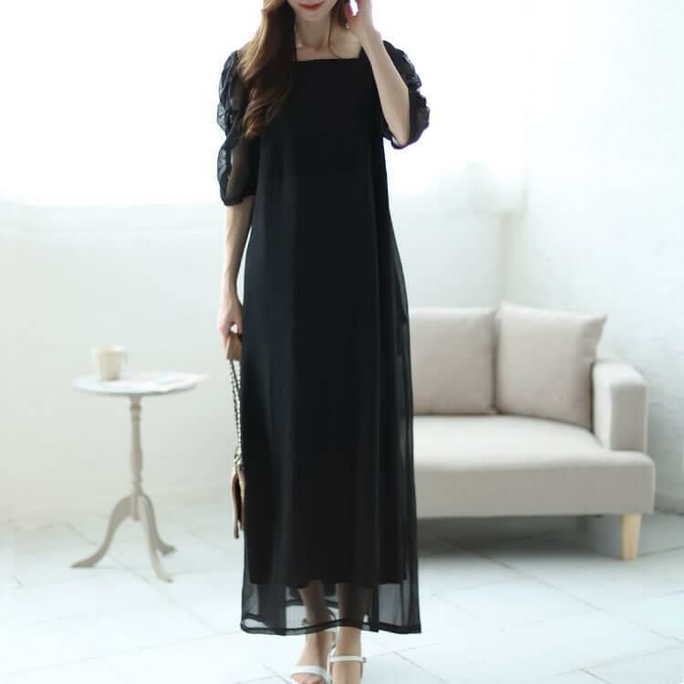 大きいサイズ レディース 異素材ドッキングシフォンパワショルワンピース　maru-30012 ブラック