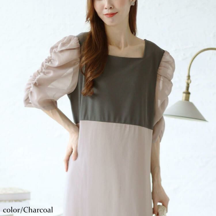 大きいサイズ レディース 異素材ドッキングシフォンパワショルワンピース　maru-30012 チャコール