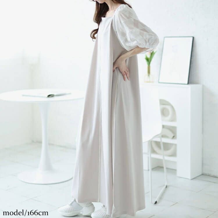 大きいサイズ レディース シフォンジャガード袖スクエアネックパイピングワンピース　maru-30011