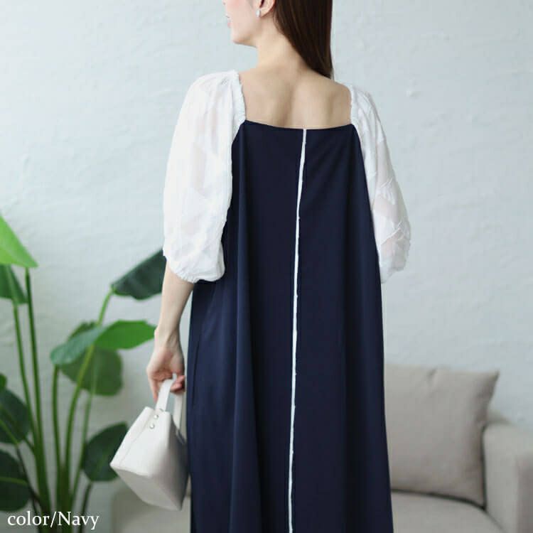 大きいサイズ レディース シフォンジャガード袖スクエアネックパイピングワンピース　maru-30011