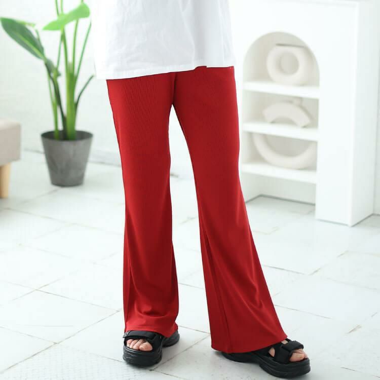 大きいサイズ レディース ストレッチテレコフレアパンツ　maru-6732 レッド