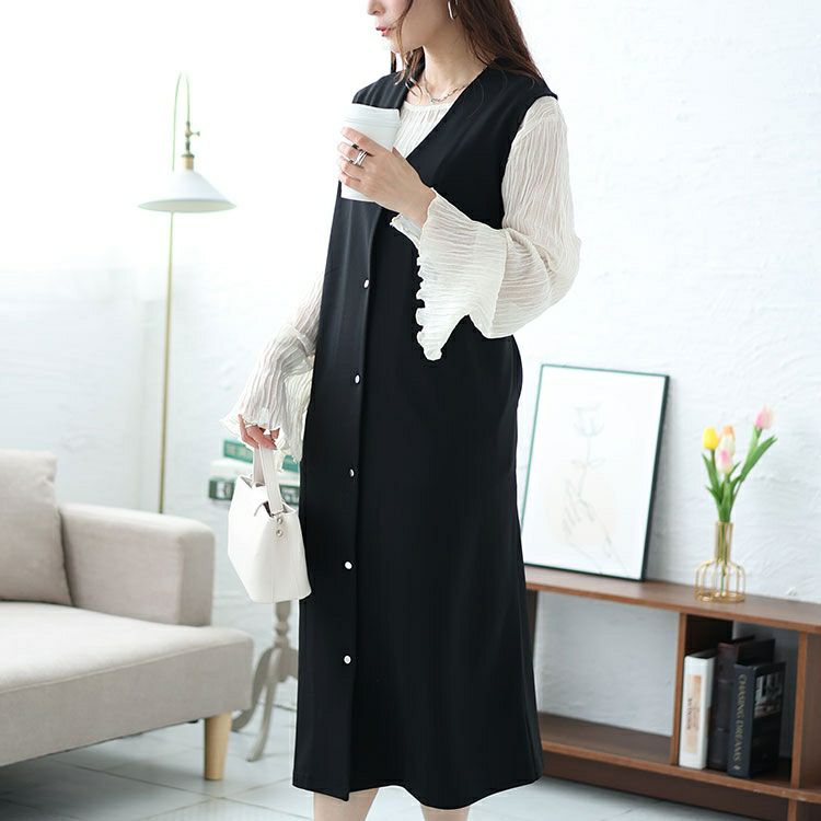 大きいサイズ レディース シルバーボタンVネックジャンパースカート　mncut-142058