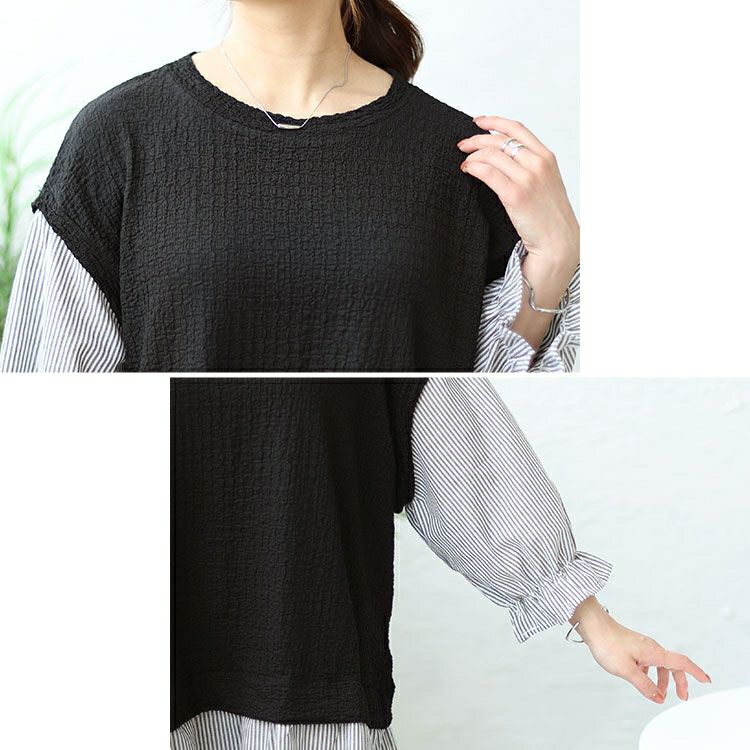 大きいサイズ レディース シャーリングフェイクベストストライププルオーバー　cpdai-658488