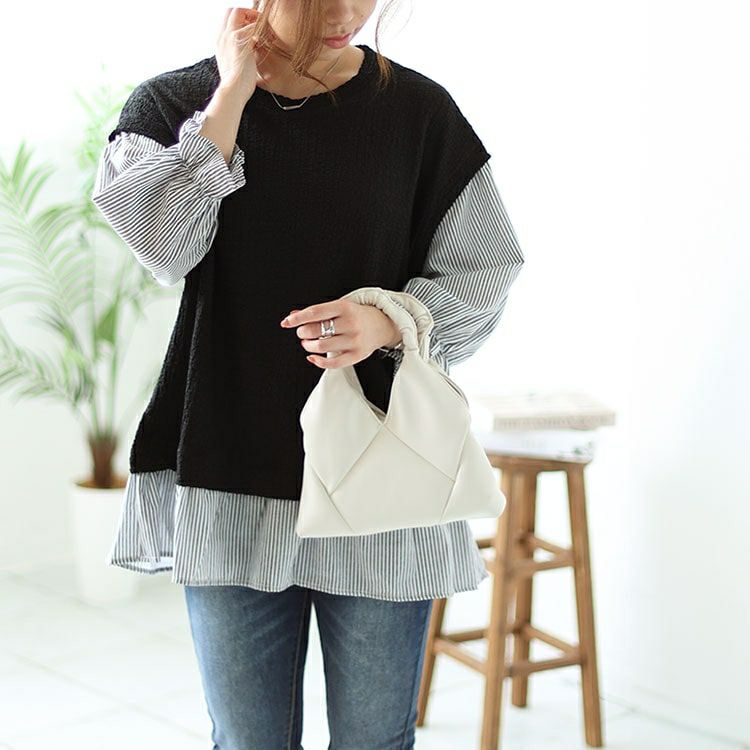 大きいサイズ レディース シャーリングフェイクベストストライププルオーバー　cpdai-658488