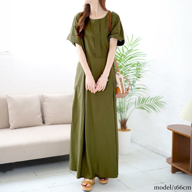 大きいサイズ レディース コットンマキシ丈ワンピース　goldy-1451 カーキ