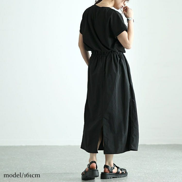 大きいサイズ レディース バックスリット異素材ドッキングワンピース　fem-477