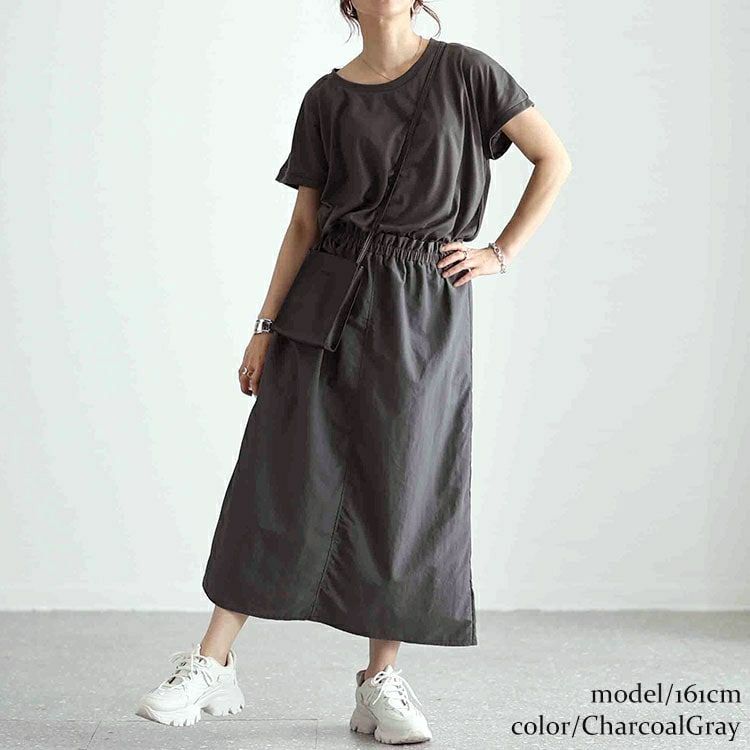 大きいサイズ レディース バックスリット異素材ドッキングワンピース　fem-477