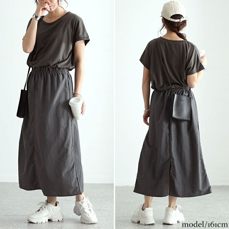 大きいサイズ レディース バックスリット異素材ドッキングワンピース　fem-477