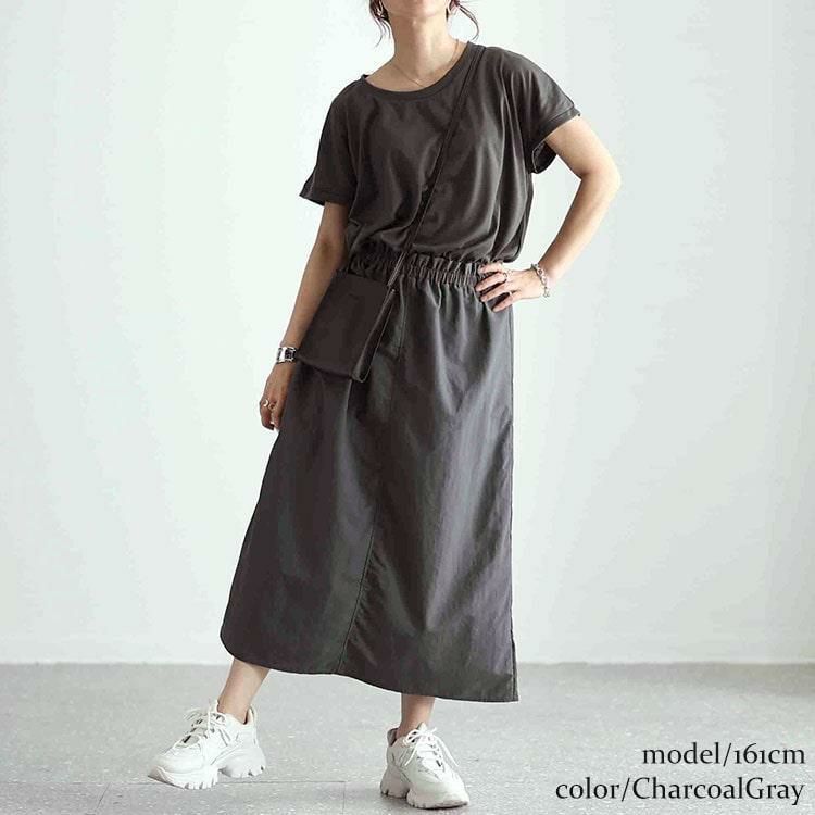 大きいサイズ レディース バックスリット異素材ドッキングワンピース　fem-477 チャコールグレー