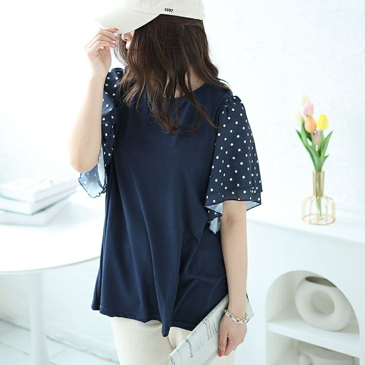 大きいサイズ レディース ドットフレアスリーブプルオーバー　mncut-142033 【メール便可】