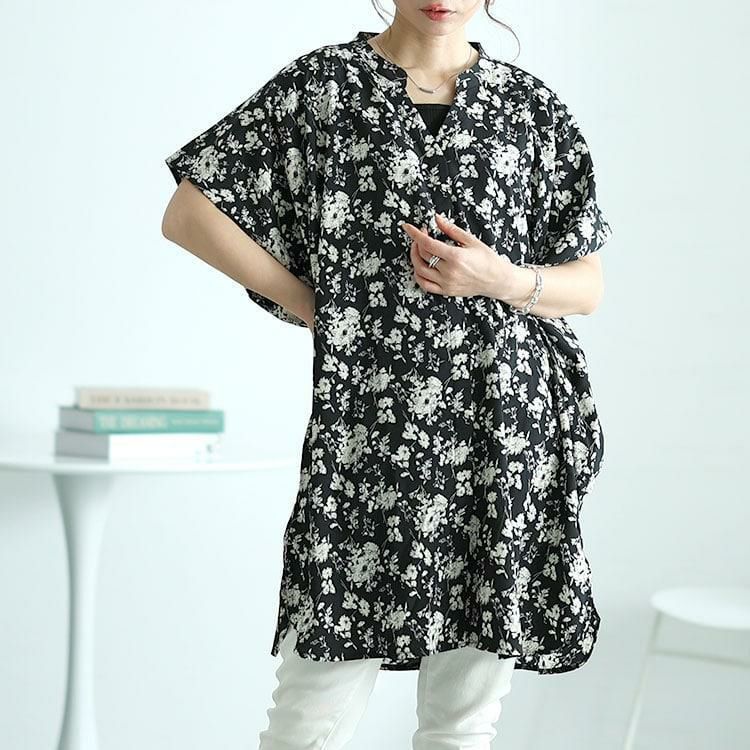 大きいサイズ レディース 花柄プリントドルマンチュニックブラウス nw
