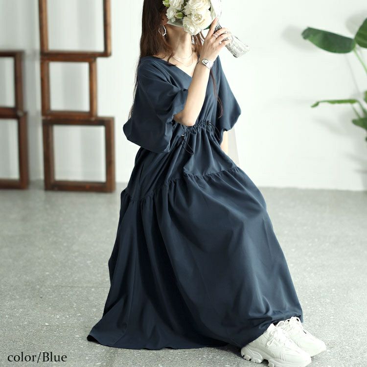大きいサイズ レディース バルーンスリーブドロストギャザーワンピース
