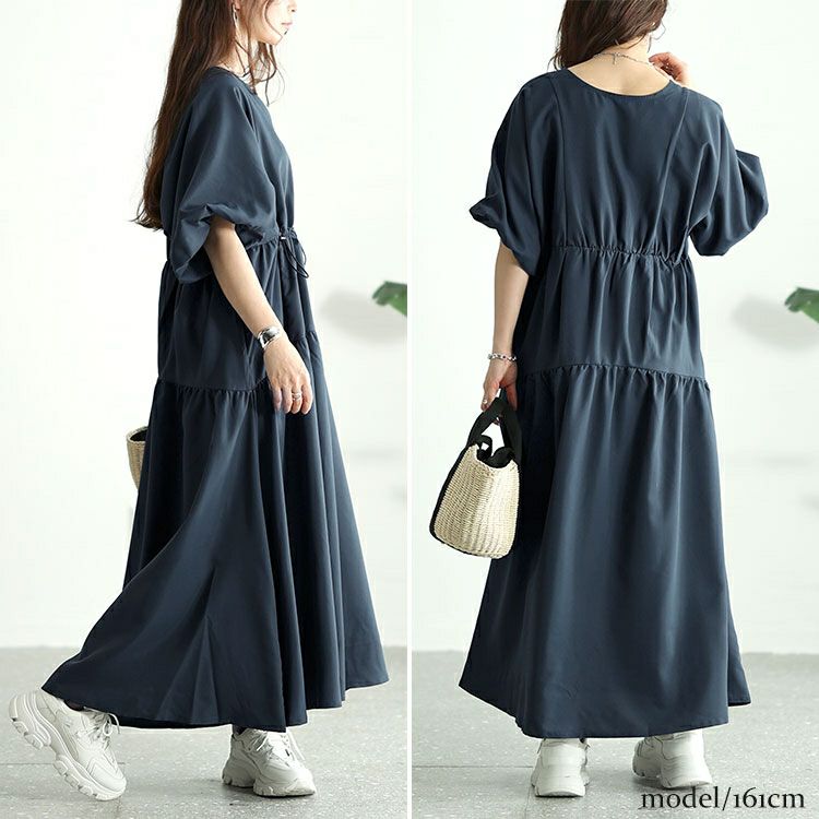 大きいサイズ レディース バルーンスリーブドロストギャザーワンピース　nw-24019