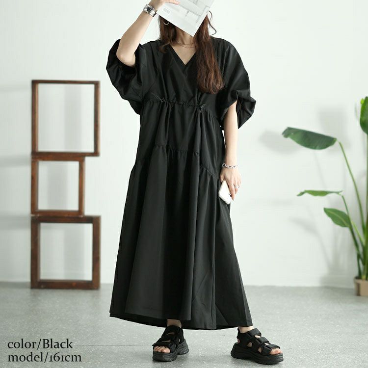 大きいサイズ レディース バルーンスリーブドロストギャザーワンピース　nw-24019
