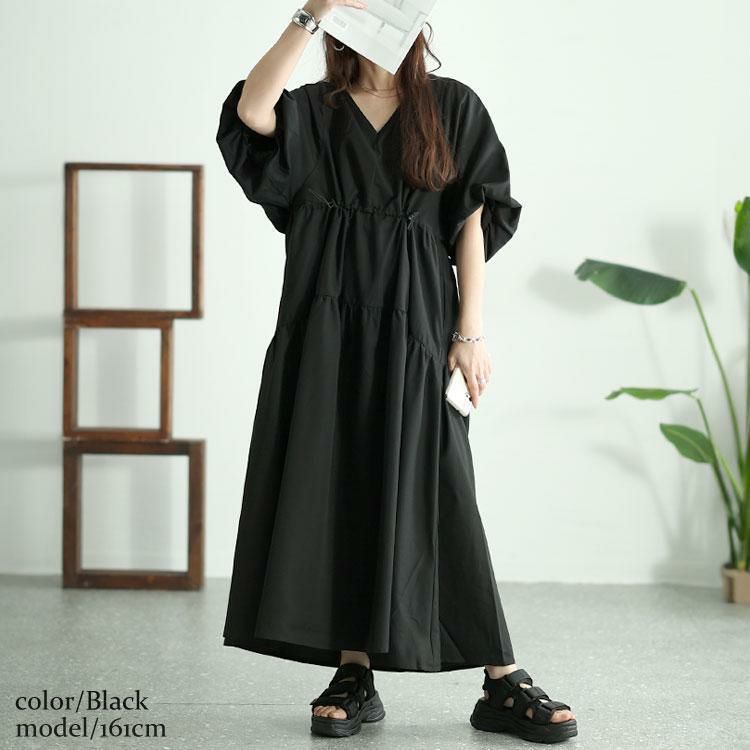 大きいサイズ レディース バルーンスリーブドロストギャザーワンピース　nw-24019 ブラック
