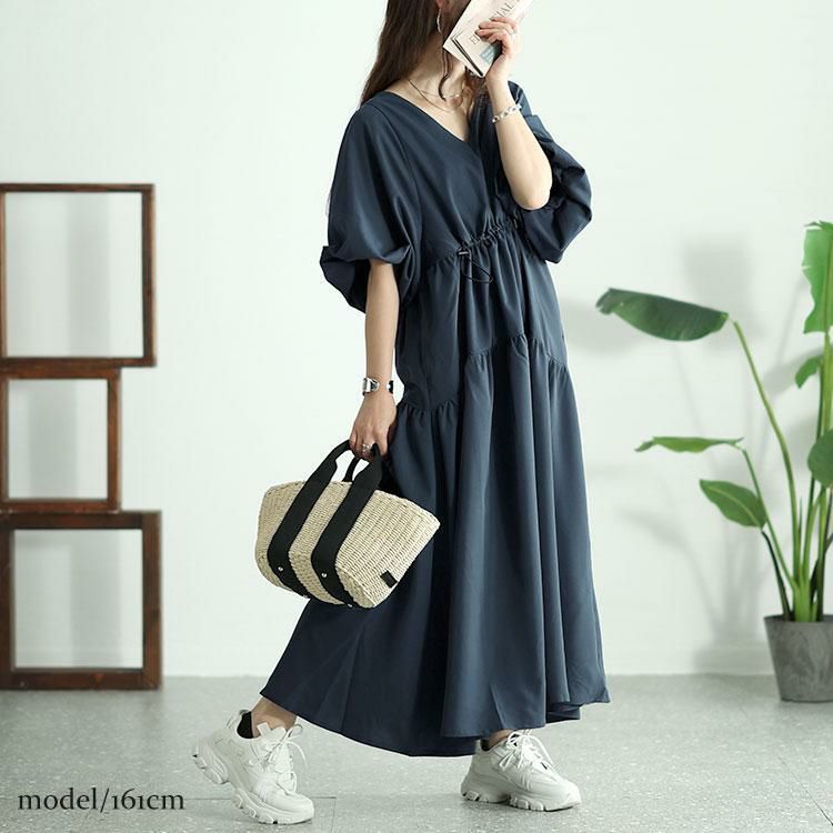 大きいサイズ レディース バルーンスリーブドロストギャザーワンピース　nw-24019 ブルー
