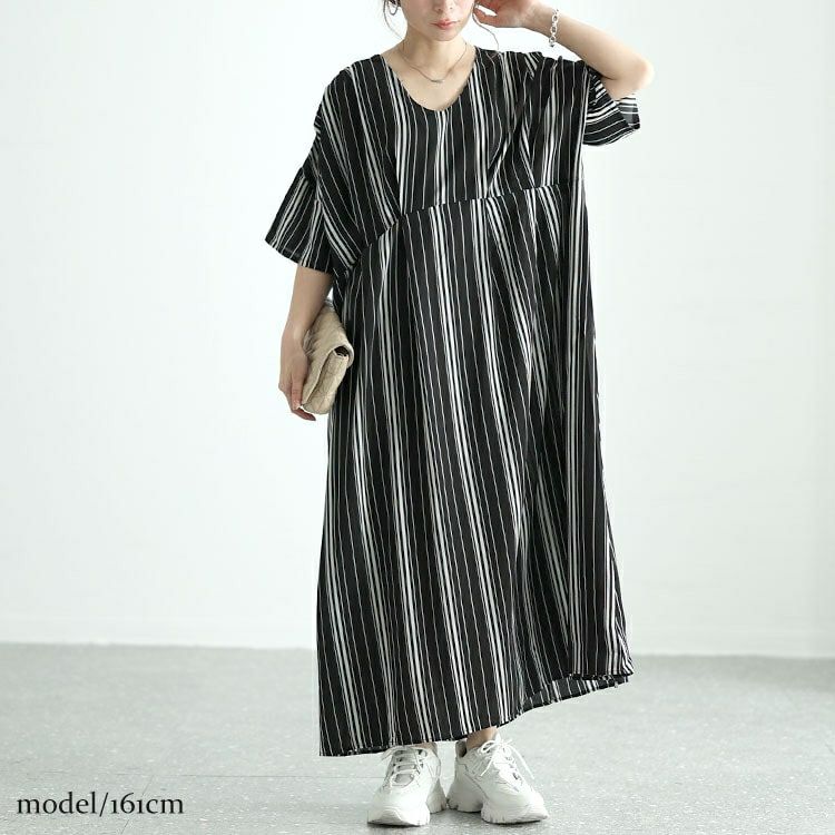 大きいサイズ レディース ストライプタックワンピース　nw-24018
