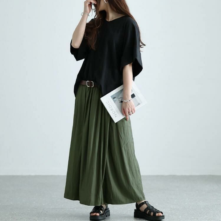 大きいサイズ レディース ラップギャザースカーチョ　nw-24011 カーキ